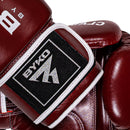 BYKO Class X maroon boxing glove label detail – wrist strap branding close-up