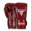 BYKO maroon boxing gloves – front view of pair with BYKO logo and wrist strap