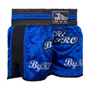 BYKO blue Muay Thai mesh shorts front view – breathable Thai boxing fight shorts