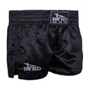 BYKO black Muay Thai shorts front view with logo – satin Thai boxing fight shorts