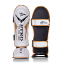 BYKO shin instep pads front and back view– full shin and foot coverage sparring pads
